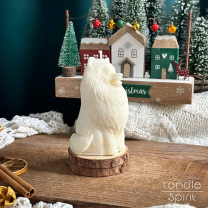 Large white spitz dog candle - Christmas gift for dog dads, dog moms, kids, and pet owners. 