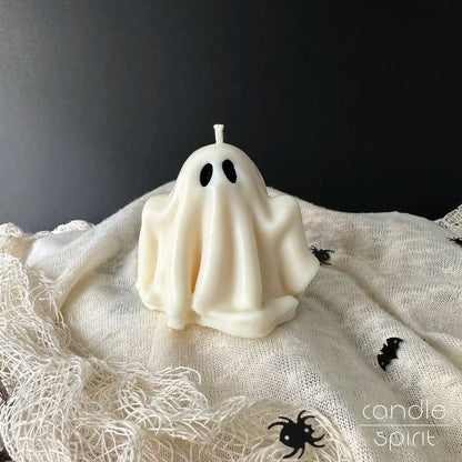 White spooky ghost Halloween candle - cozy fall decor, autumn office decor and birthday party favour