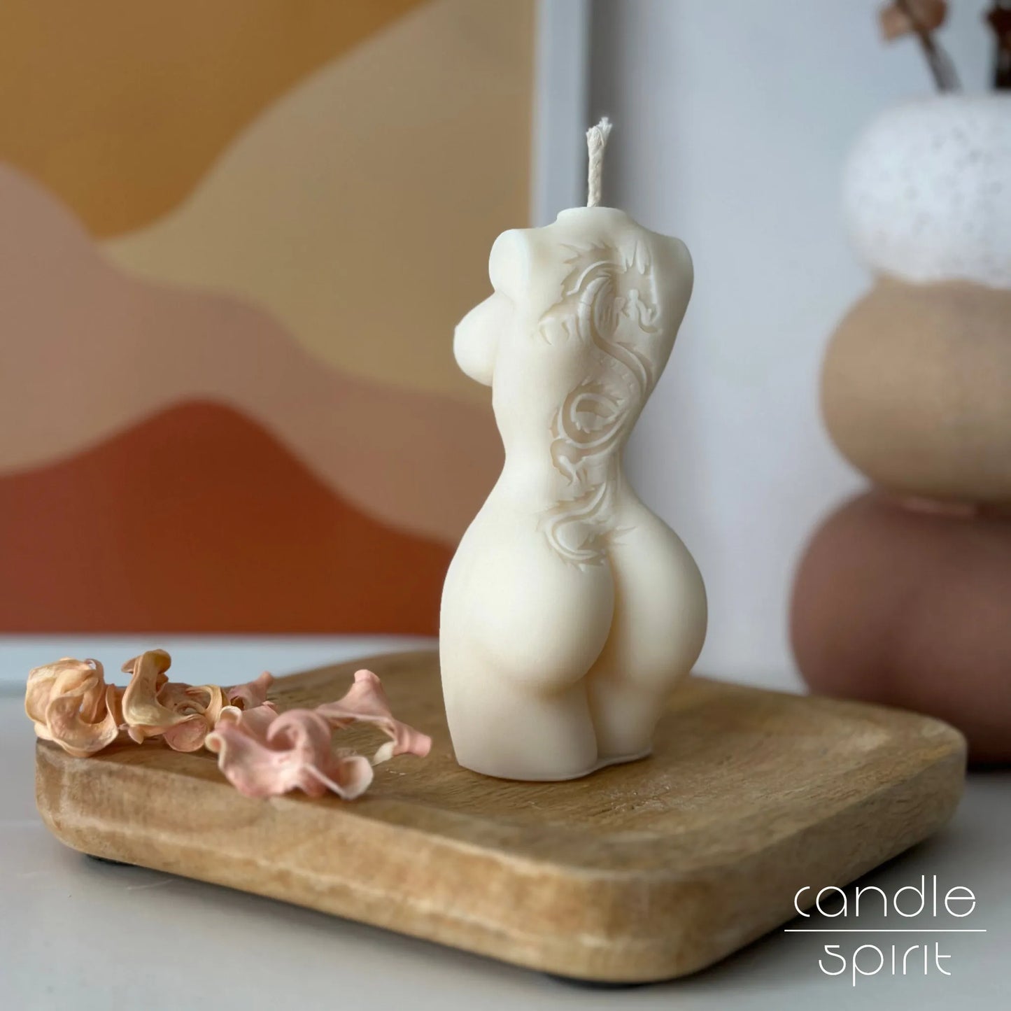 White scented woman body torso candle with a dragon tattoo - unique tattoo studio decor, Valentine's Day and birthday gift for boyfriends, husbands, friends.