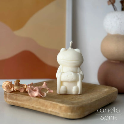 White zen frog candle - minimalist scented soy candle for meditation, yoga and cute home decor.