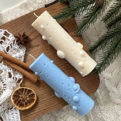 Two pillar candles with zodiac signs and planets, one white and one blue - Christmas gift for astrology fans, witches, horoscope readers