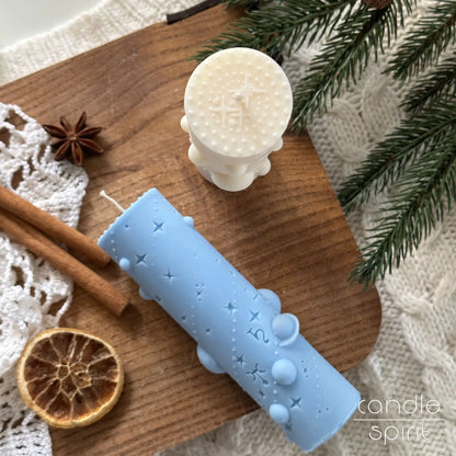 White and blue pillar candles with planets zodiac signs of Aries, Taurus, Gemini, Cancer, Leo, Virgo, Libra, Scorpio, Sagittarius, Capricorn, Aquarius, and Pisces.